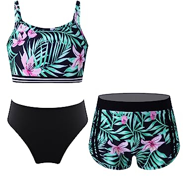 iEFiEL 3 Stück Mädchen Bikini Sets mit Blumendruck Badeanzug Rückenfrei Top Bikinihose Shorts Hawaii Bademode Badebekleidung gr. 98-176 Xd Schwarz + Lilie 134-140