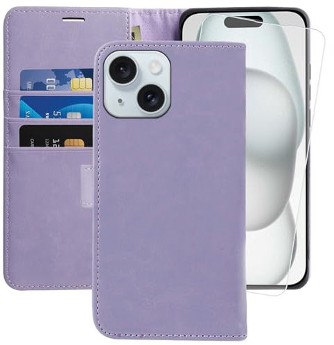 MONASAY for iPhone 15 5G Wallet Case,[Glass Screen Protector Included] [RFID Blocking] Flip Folio Leather Cell Phone Cover with Credit Card Holder case, 6.1-inch, 6.1-inch, Lavenders