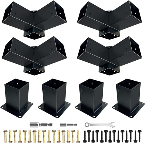 DEVALLEY Pergola Brackets Kit,3-Way 90° Corner DIY Brackets & Post Achors,Black Powder-Coated Steel Made Elevated Wood Stand Kit for 4x4(3.5x3.5) Wood Beams,Patio Pergola,Log Cabin Gazebo W/Hardware