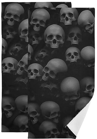 Badetücher mit Totenkopf-Muster, Schwarz, Grau, 2 Stück, Grau, Schwarz, Totenköpfe, Skelett, weich, saugfähig, Küchentuch, Dunkelheit, dekorative Handtücher für Badezimmer, Gäste, Dusche, Gesicht,