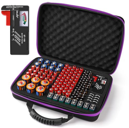 Arkeiliy Battery Organizer, Waterproof Battery Organizer Storage Case with Tester BT-168, Battery Holder Box Holds 145+ AA AAA C D 9V Batteries, Purple