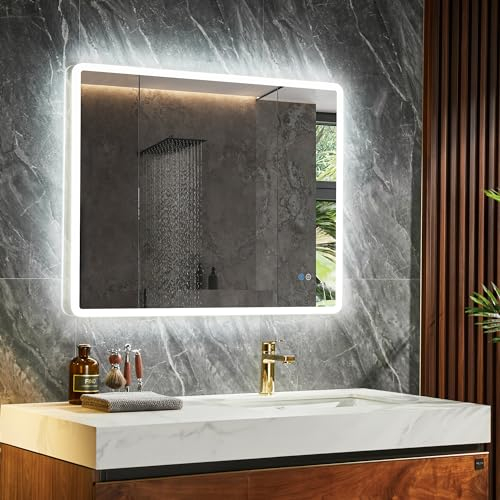 HOROW Badezimmerspiegel LED Badspiegel mit Beleuchtung mit Licht und Entfoggen, Dimmbar, Horizontal/Vertikal, 70x90 cm Wandspiegel Mit Touch-Schalter