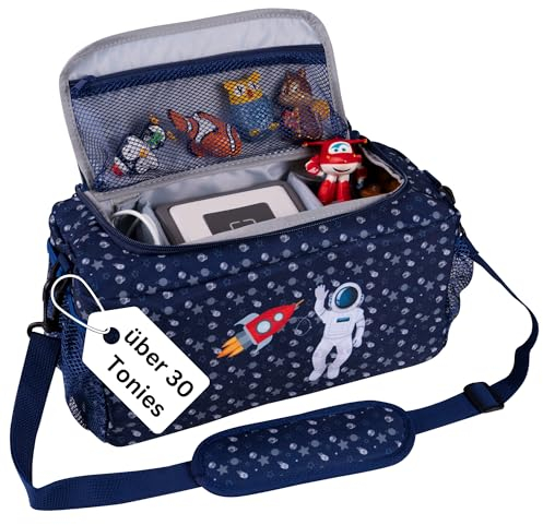 bunnyboo Toniebox Tasche für 30 Hörfiguren - Ideale Tonie Aufbewahrung - Tonie Tasche XXL - Ausreichend Platz für Toniebox, Hörfiguren, Ladekabel und Kopfhörer - Inkl. Schultergürtel… (Astronaut)