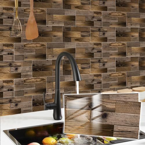 Abyssaly Tile Stickers Wood Effect Stick On Tiles for Kitchen Brown Wood Vinyl Self Adhesive Wall Tiles for Bathroom Home Decor DIY Backsplash 15x30cm/12pcs