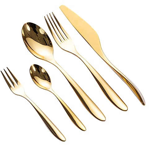 DSeenLeap Juego de cubiertos de acero inoxidable 18/10 de 60 piezas, juego de cubiertos dorados para fiesta, Navidad, hogar, cocina, hotel, servicio para 12 (servicio dorado para 12)