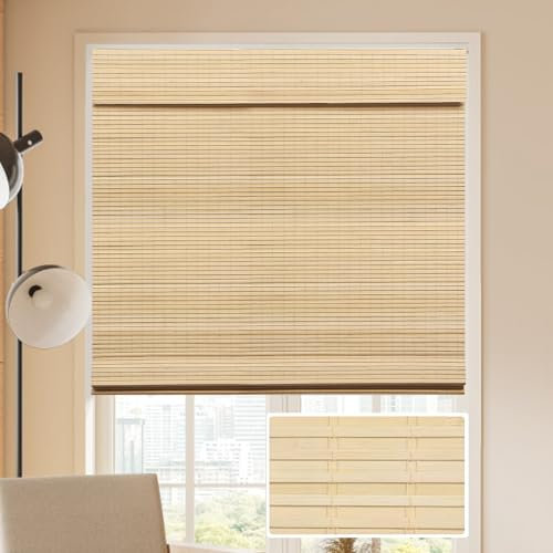 LUCKUP Cordless Bamboo Roman Blinds Shades for Indoor Windows-Blackout Room Darkening Roman Blinds with 6 Valance Cover Enhanced Privacy, 20 W x 64 H