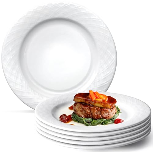 NUTRIUPS 26.5cm Assiettes Plates Lot de 6, 10.5'' Assiettes Blanche en Porcelaine, Assiette Plates en Céramique, Convient à Micro-ondes et Lave-vaisselle