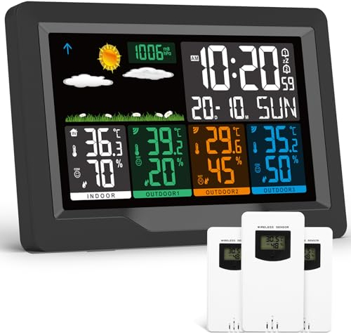 jely Wetterstation Funk mit 3 Außensensor Farbdisplay Funkwetterstationen Innen Thermometer Hygrometer Außen Termometerstation Funk Wetterstation mit Wettervorhersage, Temperatur, Luftfeuchtigkeit