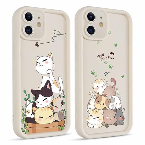 Kueqeay 2 Stück Handyhülle für iPhone 12 6,1” Hülle, Aesthetic Katze Muster Design Schutzhülle Matte Ultra Dünn TPU Weich Silikon Case Stoßfest Kratzfest Bumper Cover, 03