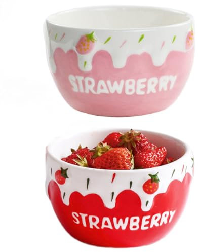 yaocoral 2 Pack 16 OZ Large Ceramic Candy Bowl Strawberry Candy Dish Cute Ceramic Bowls for Dessert,Snack,Fruit,Yogurt,Cereal,Ice Cream,Salad,Soup,Microwave Safe