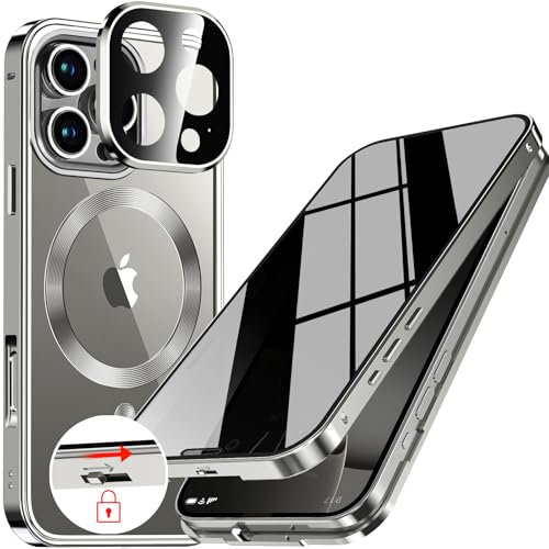 [CD-Metallring & Sicherheitsschloss] Magnetische 360 Grad Ganzkörper Sichtschutzhülle für iPhone 16 Pro Max 6.9'[Integrierter Linsenschutz]Schutzhülle mit Integriertem 9H-Glasbildschirm, –Titan Natur