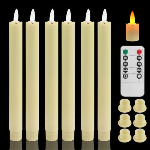MI CASA Flameless Flickering Taper Candles with Remote Control, Timer, Dimmer, 3D Wick Light Window Led Candles Ivory Battery Operated Pack of 6, Christmas Home Wedding Decor (0.78 X 9.25 Inch)