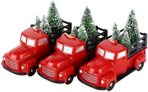 Hxezoc Weihnachtsbaumschmuck im Vintage-Stil, roter LKW, handgefertigt, Kunststoff, LKW, Fahrzeug, Auto-Modell mit Mini-Weihnachtsbaum für Weihnachtsbaumdekoration, Urlaub, Party, Bastelbedarf, 3