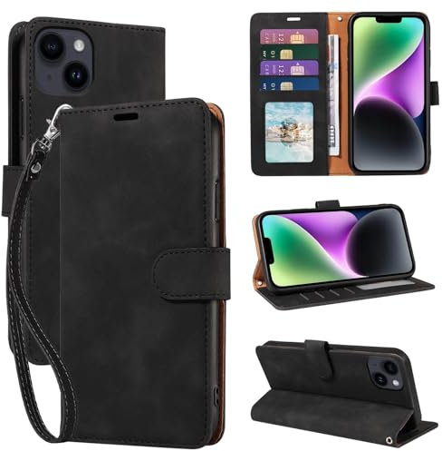 GOTOURED for iPhone 14 Plus Phone Case Wallet, RFID Blocking 4 Card Slots, Wrist Strap, Kickstand, Magnetic Closure, Shockproof Protective Soft Leather Flip Cover (Black)