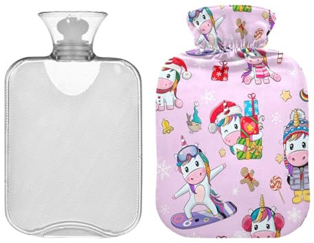 Bouillotte licorne de Noël avec housse en velours - 2 l - Transparent - Pour soulager les crampes menstruelles - Chauffe-mains et pieds en PVC