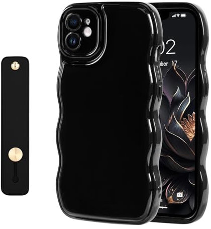 NITITOP Coque pour iPhone 11 Mignonne Simple et Ondulée avec Dragonne Ajustable Poignée de Maintien en Main Femmme Fille Housse de Protection en Silicone Souple-Noir