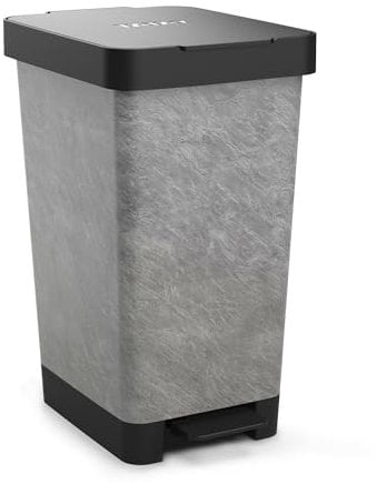 TATAY Smart Deco 25L Mülleimer mit Pedal | Kompaktes und funktionales Design | Für Innen und Außen | Für 30L Beutel | BPA-freier widerstandsfähiger Kunststoff | 26x36x47cm, Stein
