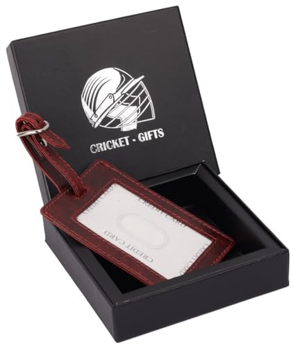 CRICKET-GIFTS - Buffalo Leather Luggage Tag | Red with White Cricket Ball Stitching | Durable & Stylish Travel Accessory | Personalizable ID Area | Love Cricket, OneSize
