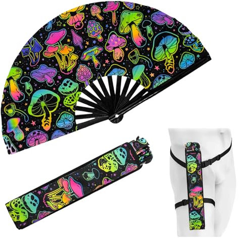 YKuzLx 13‘’ UV Glow Large Rave Fan for Men Women, Rave Essentials, Decorative Folding Hand Fan with Holster for Party, Home Decoration, Gift, Music Festival Essential, EDM Rave Accessories(B-Mushroom)