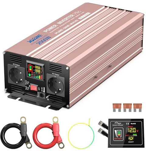 XWJNE Convertisseur 12V 220V Pur Sinus, 2000W Onduleur Voiture avec Ventilateur, Écran LCD et Télécommande, Convertisseur de Tension avec 2 Prises EU, 1 Sortie USB-A, pour Voiture Camping Caravane