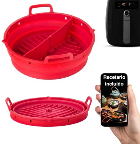 Molde de silicona para freidora de aire 22 cm + Separador de alimentos + Recetario con QR – Bandeja redonda para Airfryer sin aceite – Compatible con Cosori 5.5L - 6.4L y Cecotec 5.5L y Más.