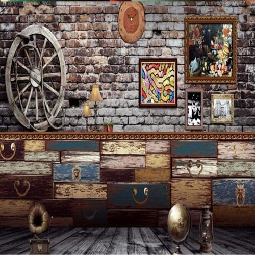 Vintage Backstein Wanduhr Holzschublade 3D Tapete Büro Wohnzimmer Sofa Schlafzimmer TV Hintergrund Wand Dekoration-300cm×210cm