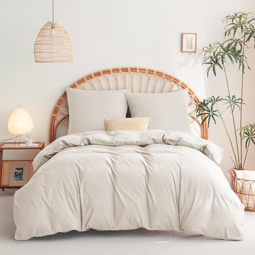WAVVE Housse de Couette 200x200 cm avec 2 Taies d'oreiller 65x65 cm，Parure de Lit 2 Personnes pour lit 140x190 160x200 avec Fermeture Éclair Sets de Housse Couette en Microfibre, Beige 200 x 200