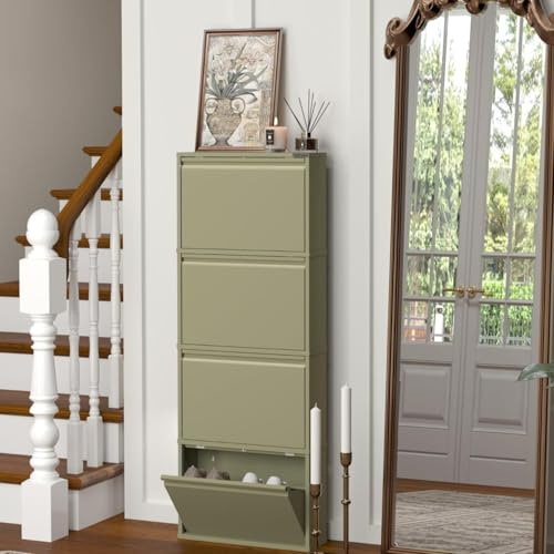 VEEHAUS Schuhkipper Metall schmal hoch, Magnetisch 4 Klappen Wandmontage | Belüftete Fächer, Max. Belastung 15 kg, Glänzende Oberfläche, Schuhschrank für den Innenbereich, Montagematerial inkl.