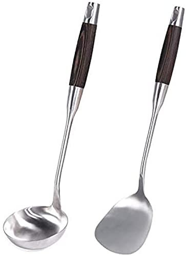 Set di utensili per wok con spatola e mestolo, mestolo in metallo in acciaio inox, cucchiaio wok spatola con manico in legno, 36,5-39,1 cm