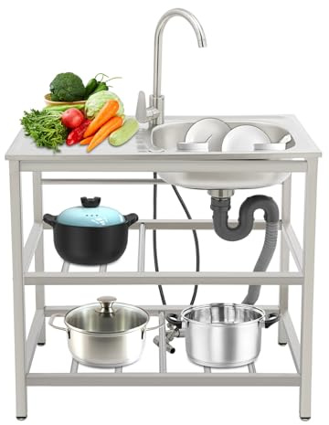 BJTDLLX Küchenspüle Edelstahl Spülbecken Freistehende Waschbecken, 1 Becken Outdoor Spüle Gewerbliche Spüle mit Heiße & Kalte Wasserhahn, 75 x 40 x 78cm Edelstahlspüle Spültisch mit 2 Ablageflächen