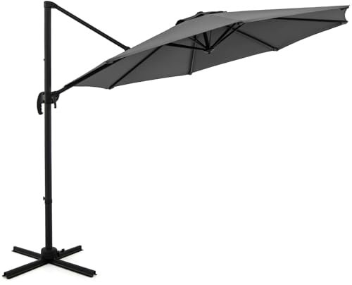 RELAX4LIFE Ombrellone da Giardino 3×3M con Rotazione a 360°, Base a Croce, Angolo Regolabile, per Giardino/Balcone/Terrazzo (Grigio)