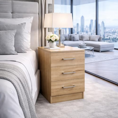 Harmin 3-Drawer Bedside Cabinet, Sonoma Oak Finish, Premium Metal Handles, Modern Bedroom Storage Unit