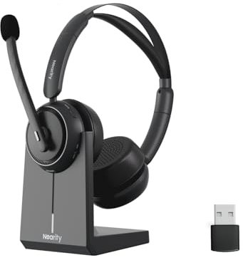 NEARITY EP320 Auriculares Inalámbricos con Micrófono para Trabajo, Bluetooth con Cancelación de Ruido, Dongle Tipo A para PC, Base de Carga & Cancelación de Ruido para Oficina/Hogar/Call Center