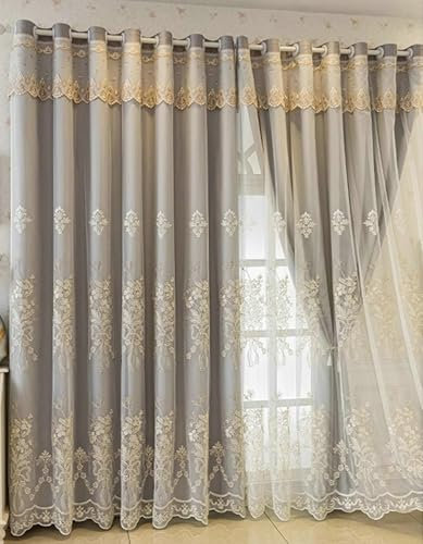 BCughia Tende Camera da Letto Finestre, Tenda Finestra Grigio Oscurante 132x244 Ricamo di Fiori Doppio Strato Tende per Finestre