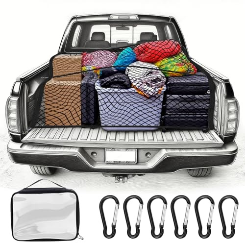 1,2 x 1,2 m Hochelastisches Gepäcknetz Auto: (Max. 210x210cm Dehnbar), Kofferraumnetz Trennnetz Gepäckfixierung Frachtnetz für Pickup-LKW-Bett LKW Auto Wohnmobil (Einlagig)
