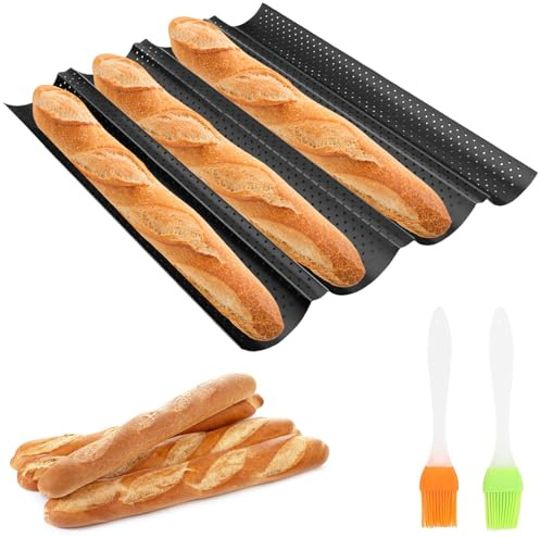 Xrten Plaque de cuisson pour baguette, moule à pain français antiadhésif, pour 4 fentes ondulées, moules à pain perforés