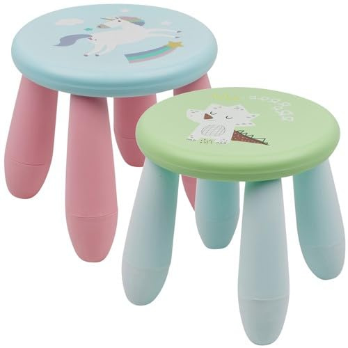 URBNLIVING Kids Plastic Chair 21cm – Colourful Toddler Stool Seat Ages 1-3, Lightweight Durable Nursery & Playroom Furniture (1 Blue Unicorn and 1 Green Dino)