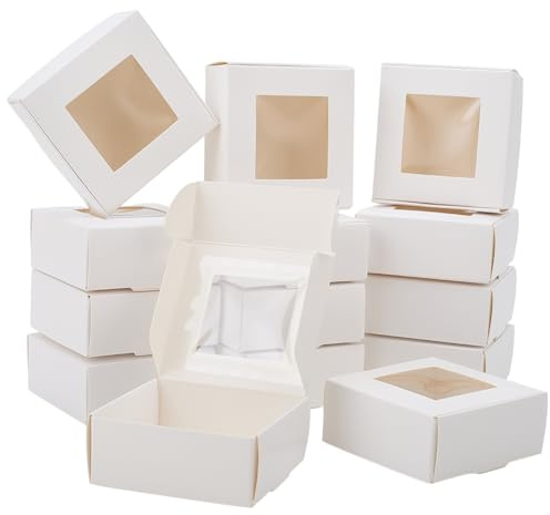 BEAMARKER 20 Stück Kleine Seifenverpackungsbox 3x3x1.2 Zoll Weiß Quadrat Papier Geschenkverpackungsbox Transparent Fenster Faltbar für Bäckerei Kekse Kuchen Süßigkeiten Handgemachte Seife Geburtstag