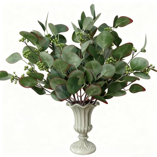 Eucalyptus Stems Leaves Artificial Flowers Long Silver Dollar Leaves Faux Bouquets Branches Decoration for Home Flower Arrangement Wedding Table Festival Farmhouse Party Halloween Deco (Emerald Green)