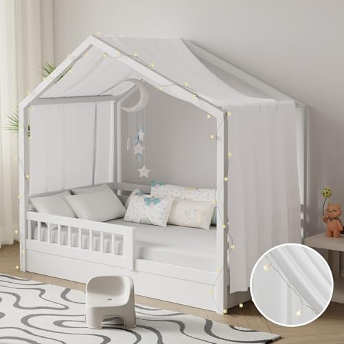 Pacok Hausbett Himmel mit Lichterkette Deko 1 Stück 135 x 420 cm Weiß | Baldachin Hausbett Vorhang,Betthimmel Stoffhimmel Hausbett für Mädchen Jungen Kinderbett