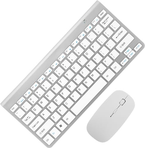 jojofuny Combo de Teclado y Ratón Inalámbricos 2.4g, Silencioso y Compacto, Color Plateado, Diseño Ligero y Mini, Receptor USB Integrado, Adecuado para Portátil y Oficina, Kit 2 Piezas