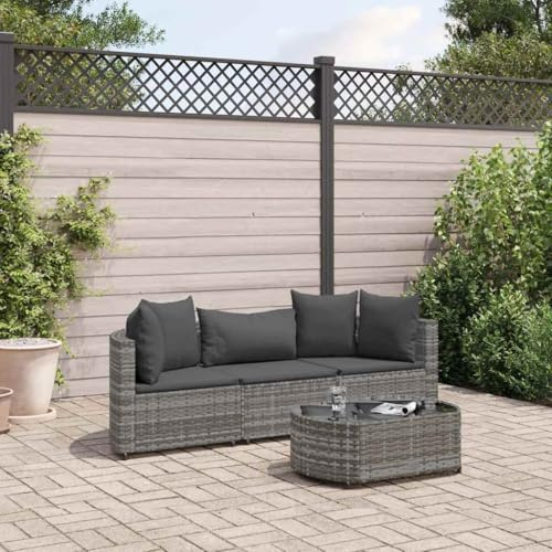 Hoopleep Ensemble de 4 canapés de jardin gris en rotin synthétique robuste avec coussins, ensemble de salon modulaire pour terrasse, meubles d'extérieur avec table basse en verre trempé