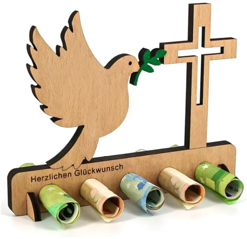JIRVEX Geldgeschenk Holz Kommunion Konfirmation Kreuz Taube 1 Stück – Kommunion Geschenk für Mädchen Junge – Kreatives Geldgeschenk aus Holz mit Ständer