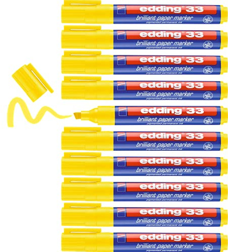 edding 33 brilliant paper marker - yellow - 10 waterproof permanent markers - chisel nib 1-5 mm - vibrant colours - lightfast marking on paper, card, cardboard, plastic, metal and glass