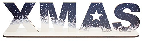 Xmas Buchstaben Schriftzug Deko aus Holz, Weihnachten Advent in blau-weiß mit Stern und Schneeflocke, 64x16 cm
