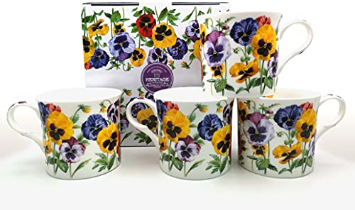 FINE Bone China Set of 4 Mugs Pansy Gift Boxed Mugs Free UK DELIVERY