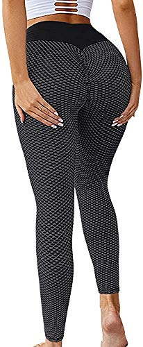 Memoryee Damen Honeycomb Leggings Geraffte Hintern Heben Hohe Taille Push Up Boom Booty Sport Leggings mit Bauchkontrolle Plus Größe Blickdichte Dehnbare Gym Yogahosen/Style2-Black/M