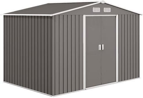 Outsunny 9 x 6ft Metal Garden Shed, Outdoor Storage Tool House with Ventilation Slots, Foundation Kit and Lockable Double Doors, Grey