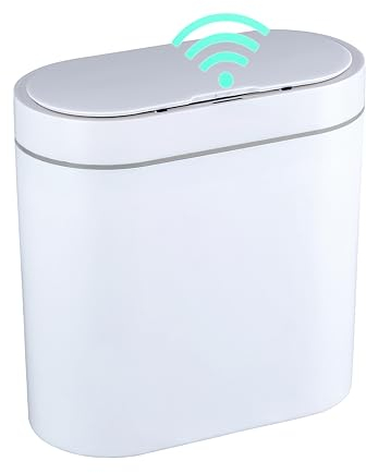 ELPHECO Badezimmer Mülleimer, Wasserdicht Bewegungsmelder Kleiner Badezimmer Mülleimer mit Deckel, 9.5 Liter Slim Plastic Schmale Schlafzimmer Mülleimer, Weiß