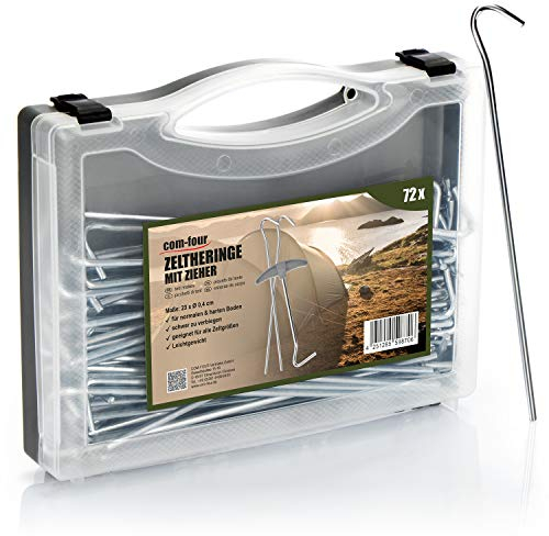 com-four® 72x Zelt-Heringe aus Stahl 23cm x Ø 4mm - Lange und robuste Erdnägel mit Heringzieher im Koffer für Camping und Outdoor - ideal für normalen Boden